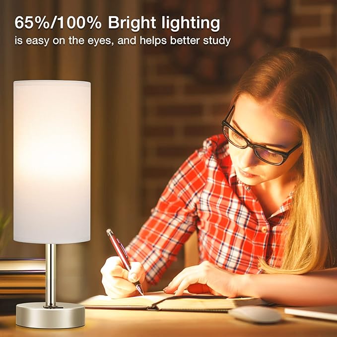 White Bedside Touch Table Lamps for Bedroom Nightstand with USB-C USB-A Charging Ports White, 3 Way Dimmable Control Small Lamp Silver Base for Office, Living Room, Reading