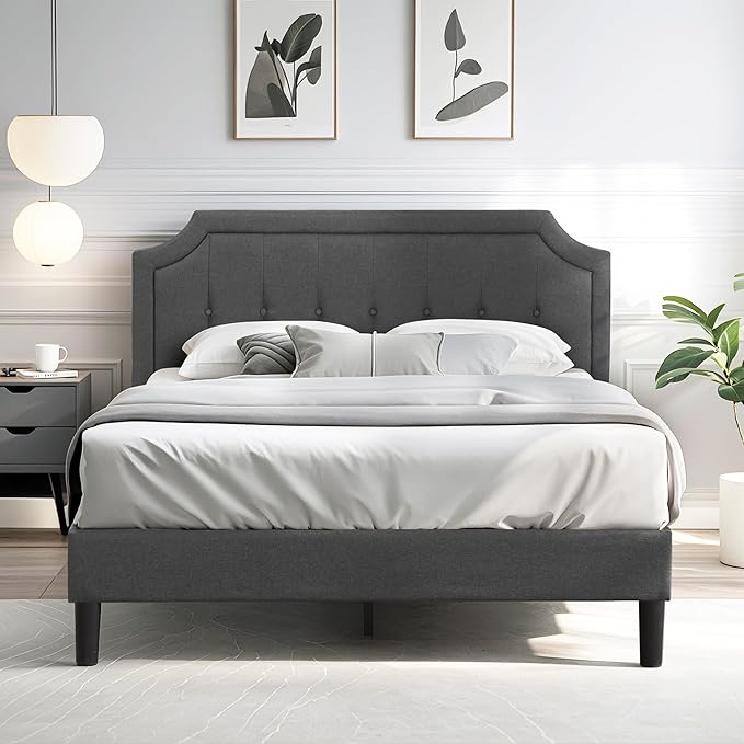 VECELO Queen Upholstered Platform Bed Frame with Adjustable Button Stitched Panel Headboard,Strong Wood Slat Support,Velcro Design,Mattress Foundation/Easy Assembly,Grey