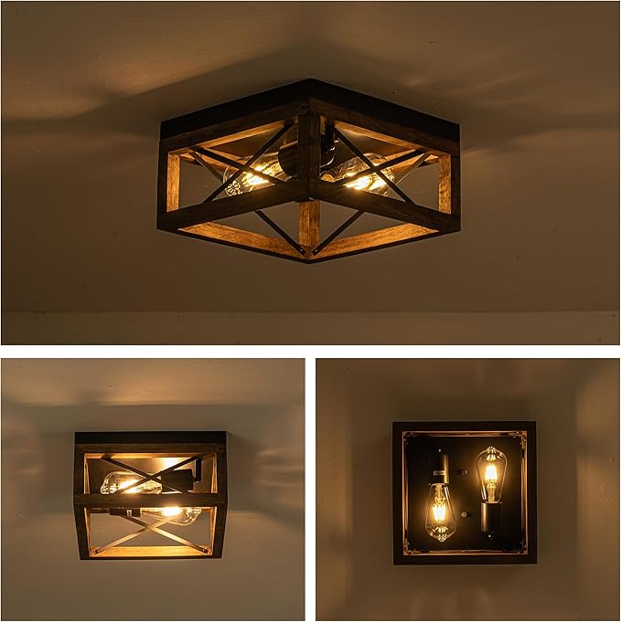 MAYNA Farmhouse Flush Mount Ceiling Light, 2-Light Rustic Ceiling Light with Metal and Wood, Farmhouse Hallway Light Fixtures for Kitchen Entryway Bedroom Dining Room