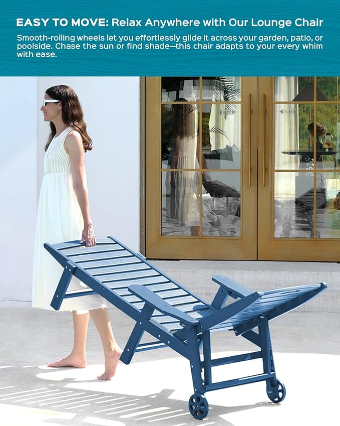 Outdoor Chaise Lounge Chair Set of 2, Patio Lounge Chairs for Outside, HDPE Lounge Chair with Wheels & Cup Holder, Poly Chair with 5 Position for Poolside, Deck, Navy Blue