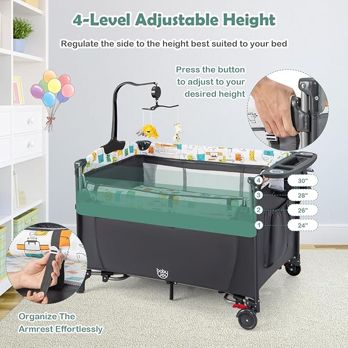 BABY JOY 5-in-1 Pack and Play, Baby Bedside Sleeper with Bassinet, Multifunction Bedside Crib from Newborn to Toddlers, U-Shaped Diaper Changer, Playard, Safety Strap, Music Box & Hanging Toys