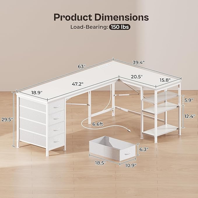 Huuger 63 Inch L Shaped Desk with Fabric Drawers, Reversible Computer Gaming Desk with Power Outlets and USB-C Port, Adjustable Side Storage Shelves, for Work Study Corner Home Office, White