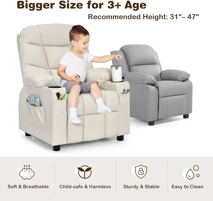 GLACER Kids Recliner Chair w/Cup Holder & Side Pockets, Children Recliner w/Comfortable Backrest, Armrests & Footrest, Toddler PU Leather Recliner for Boys Girls, 3+ Age Group (Beige)