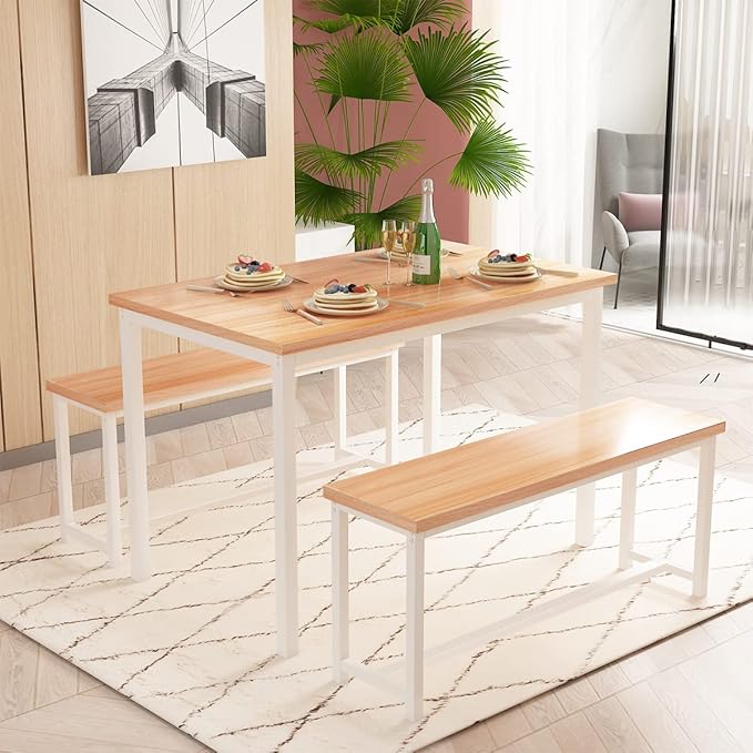 Recaceik Dining Table Set with Bench, 3 Pieces Dining Furniture Set Kitchen Table Set Sturdy Structure Space-Saving Dinette for Kitchen, Dining Room Breakfast Nook, Living Room, Beige
