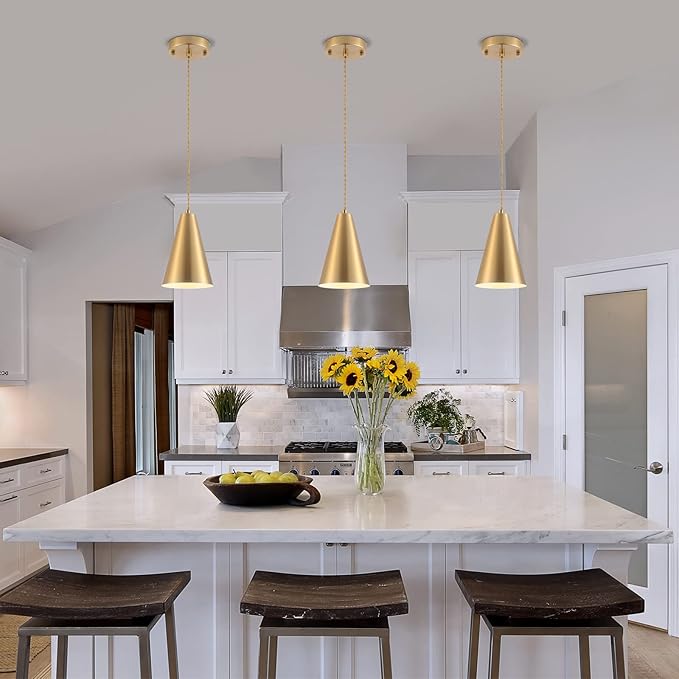 Gold Pendant Lights Kitchen Island,Dining Room Light Fixtures Over Table 3 Pack with Brushed Brass Cone Metal Shade, Modern Farmhouse Mini Chandeliers,Adjustable Cord Hanging Lighting for Bar,Sink
