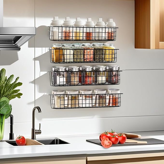 Spice Rack Organizer Wall Mount, 2 Pack Black Seasoning Rack Wire Storage Baskets for Wall or Cabinet Door in Kitchen and RV