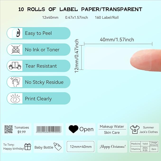 Label Maker Tape Refills, Non-encrypted Repalcement Labels, High Definition Compatible with Portable Label Printer 12 x 40 mm(0.47 in x 1.57 in),165 Lables/Roll, 10 Rolls,Clear
