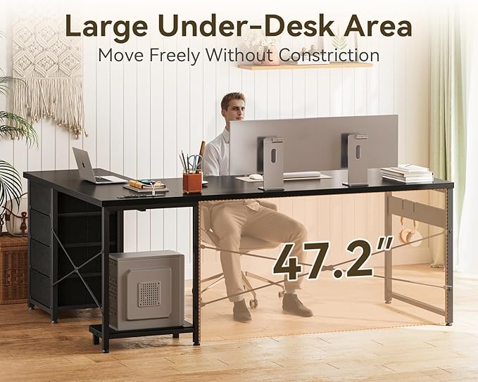 ODK 61'' L Shaped Desk with 4 Drawers, Reversible Corner Desk with Storage, Gaming Table with Power Outlets, USB Ports, PC Case Shelf, Computer Desk for Home Office, Study, Easy Assembly, Black
