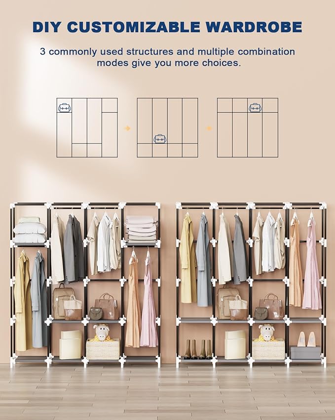 Mavivegue Portable Closet Wardrobe, Clothes Organizer with 4 Hanging Rods, Non-Woven Fabric Cover, Large Capacity Storage for Bedroom and Living Room,Gray, 67" W x 17" D x 67" H