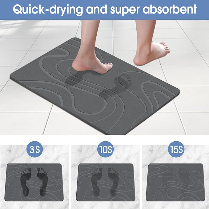 Stone Bath Mat Diatomaceous Earth Shower Mat Non-Slip Super Absorbent Diatomite Stone Bath Mats for Bathroom Floor Quick Drying Natural Easy to Clean(23.6''×15.4" Gray)