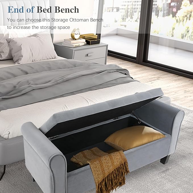 Storage Ottoman Bench with Arms, Velvet End of Bed Bench for Bedroom, Button Tufted Storage Bench for Entryway, Living Room,Hallway, Large Storage Bench Foot Rest (Dark Grey)