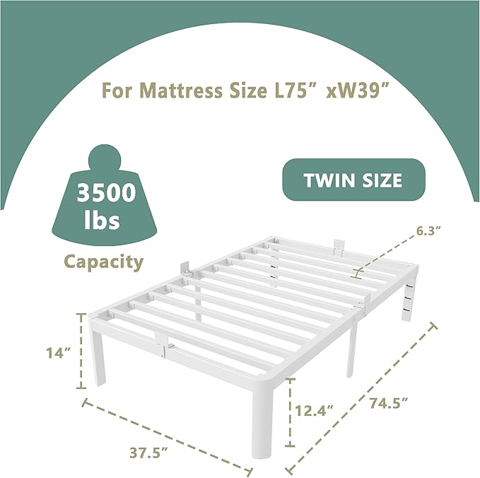 ITIMIDI 14 Inch Twin White Bed Frames, Metal Twin Platform Bed Frame with Round Corner Legs, Heavy Duty Steel Support 3500 LBS, Storage Space, No Box Spring Needed, Noise Free, Easy Assembly