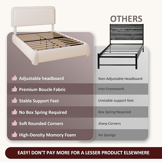 King Boucle Platform Bed Frame with Height Adjustable Headboard, Modern Upholstered Cloud Bed, Sleek Curved Design, No Box Spring Needed, Easy Assembly, Noise Free, White