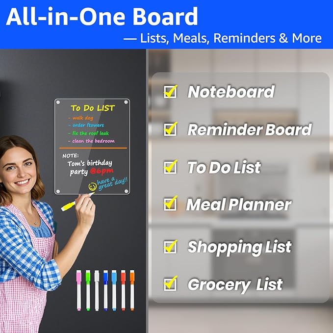 PigPotParty Clear Acrylic Magnetic Whiteboard for Fridge, 1 Pack 9.5"x12" Dry Erase Board Blank Memo to Do Shopping/Grocery List Meal Planner Chore Chart for Adult Teens Kids, w/ 8 Markers & 1 Towel