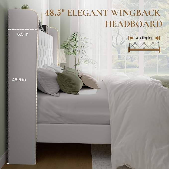 SHA CERLIN King Size Platform Bed Frame with Charging Station, Velvet Wingback Headboard with Storage Shelf, Wooden Slats Support, Ample Under-Bed Space, No Box Spring Needed, Easy Assembly, White