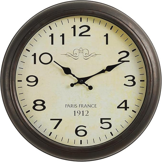 16 Inch Vintage Wall Clock, Silent Non-Ticking Quartz Battery Operated Decorative Clock for Home, Kitchen, Living Room, Dining Room, Office, Antique Brown Arabic Number