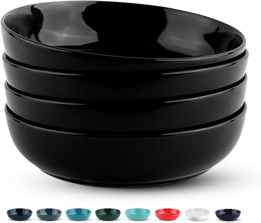 KooK Pasta Bowl, Salad Bowls, Soup, Serving Bowls, Ceramic, Large Capacity, Microwave & Dishwasher Safe, Set of 4, 40 Oz,(Black)