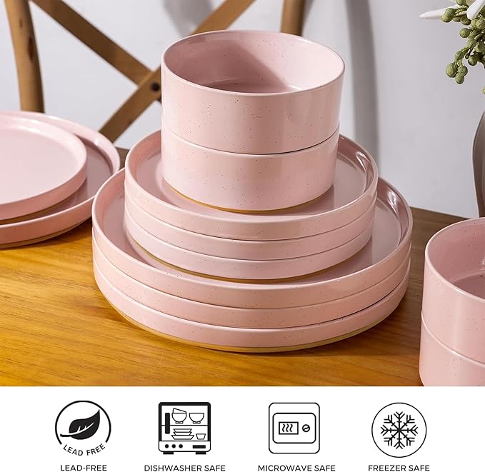 AmorArc Ceramic Dinnerware Set for 8 | Speckled Stoneware Plates and Bowls with Rustic Terracotta Underside| Scratch Resistant,Dishwasher & Microwave Safe Dishes Sets- 24pcs Pink