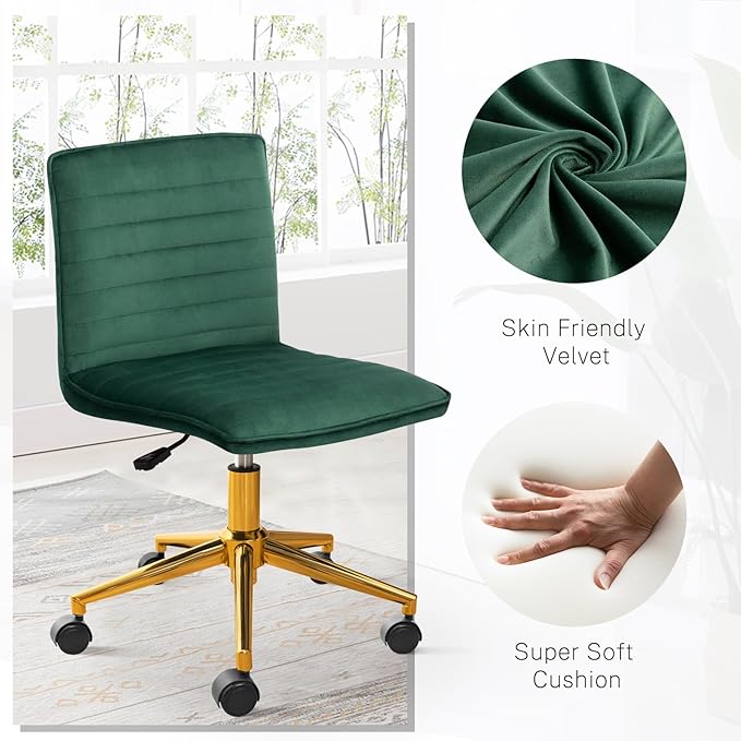Furniliving Armless Vanity Chair with Wheels, Computer Rolling Desk Chair with Back Soft Velvet Fabic Height Adjustable Gold Metal Base Swivel Stool Chairs,DarkGreen