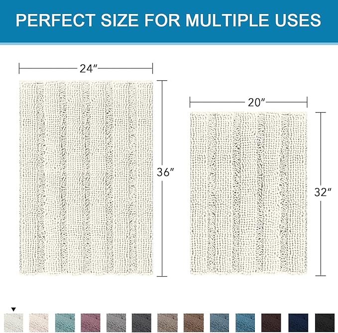 H.VERSAILTEX 2 Piece Bathroom Set - Super Absorbent Chenille Striped Bath Mats, Non Skid, Machine Washable (Cream, 24 x 36 Plus 20 x 32 - Inches)