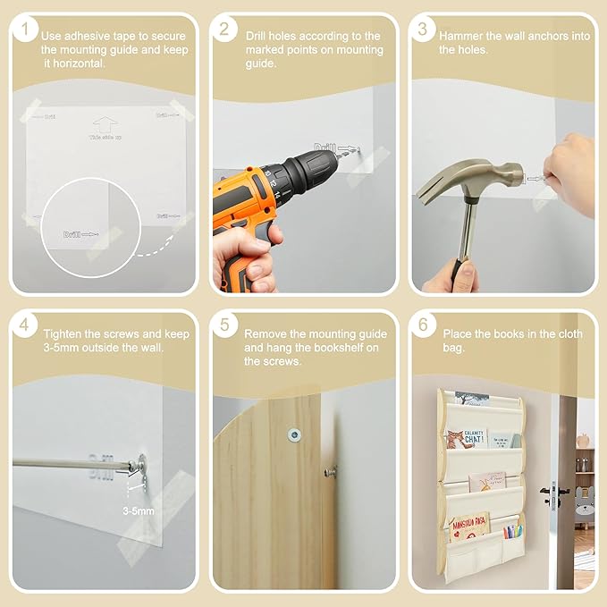 Wooden Wall Mounted Bookshelf for Kids Rooms, 4 Tier Floating Nursery Book Shelf, Kids Bookshelf with 2 Pockets, Toddler Sling Book Rack with Deep Sleeves (Blue)