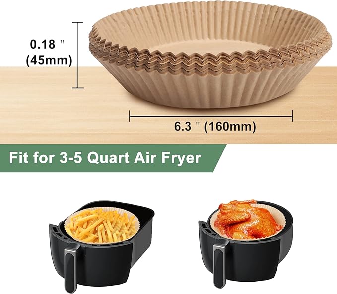 Air Fryer Paper Liner, Unbleached & Biodegradable Material, Disposable Non-stick Parchment Paper for Frying, Baking, Roasting & Grilling (100Pcs-6.3")
