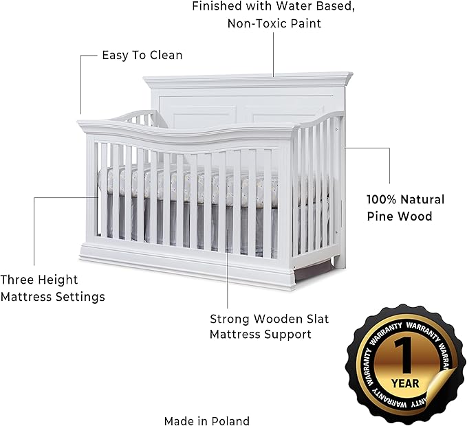 Sorelle Furniture Paxton Crib, Classic 4-In-1 Convertible Crib, Made of Wood, Non-Toxic Finish, Wooden Baby Bed, Toddler Bed, Child’s Daybed and Full-Size Bed, Nursery Furniture - White
