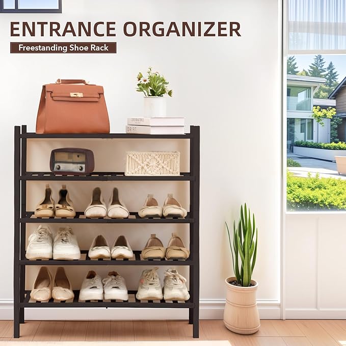 5 Tier Bamboo Shoe Rack Storage Organizer for Closet, Multifunctional Stackable Free Standing Shoe Shelf Organizer for Small Space,Entryway, Hallway, Bathroom27 x11 x32 (Brown, 5 Tier)