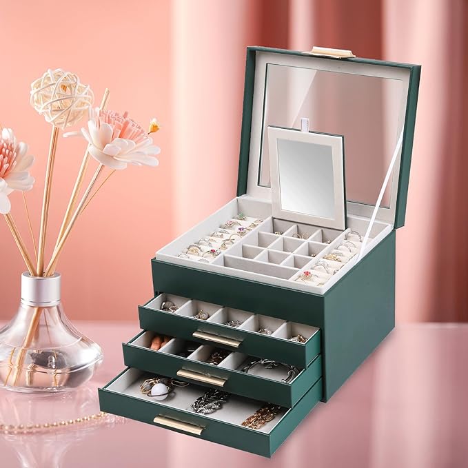 BOOVO Clear Lid Jewelry Box,4 Layers Jewelry Organizer Large Jewelry Storage Box with 3 Drawers,Jewelry Holder Organzier of Rings Earrings Necklace Bracelets for Women (Dark Green, 4 Layer)