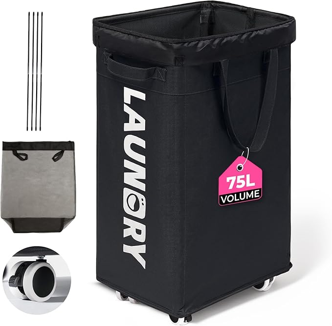 75L Rolling Laundry Basket with Wheels – Large Black Clothes Hamper with Removable Washable Mesh Bag, 600D Oxford Fabric,Lockable Wheels & Standing Rods for Upright Stability in Bedroom & Laundry Room