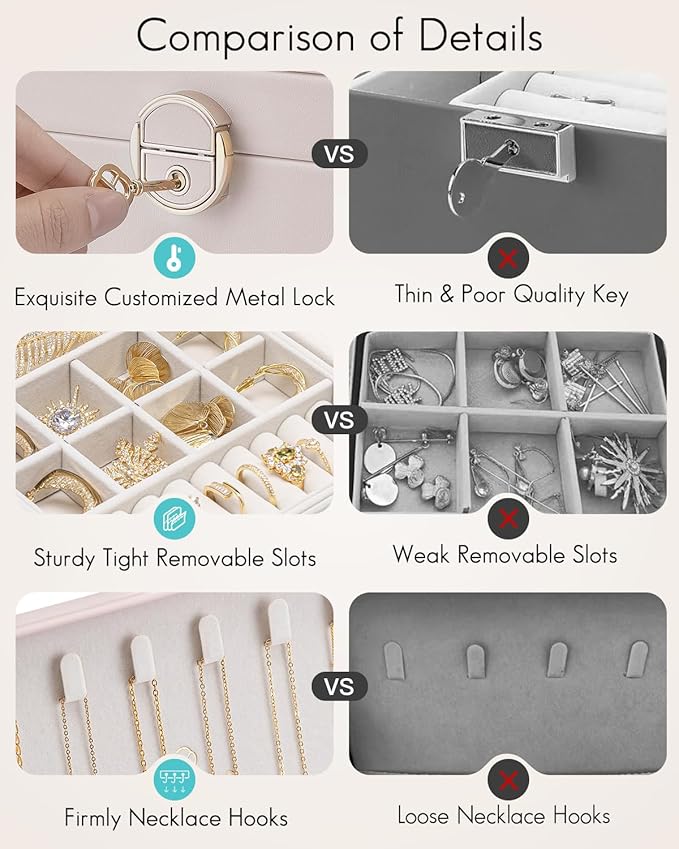 Vlando 2 Layer Jewelry Box,Jewelry Organizer Storage Lockable Earring Organizer Removable Jewelry Tray with Watch Pillow for Neckable Ring Bracelets-Apricot Pink