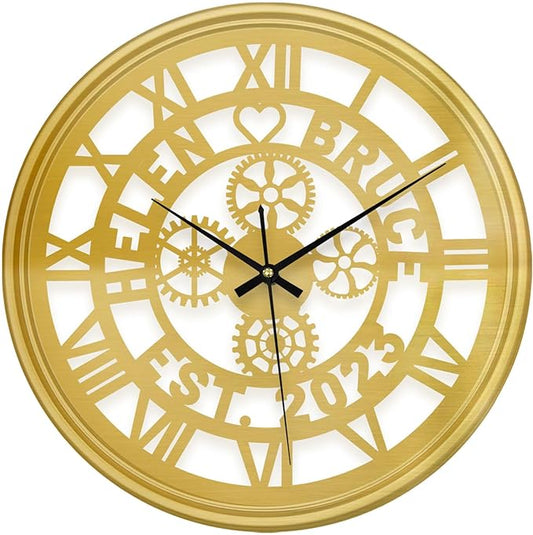 Personalized Name Metal Wall Clock, Custom Gear Hanging Clock with 7 Color Changing, Iron Art Clock, Hanging Decor for Bedroom, Living Room, Home, Office, Housewarming