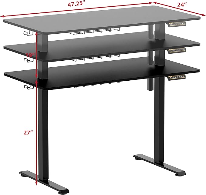 SHW 48-Inch Electric Height Adjustable Sit to Stand Desk with Hanging Hooks and Cable Management, Black Frame and Black Top