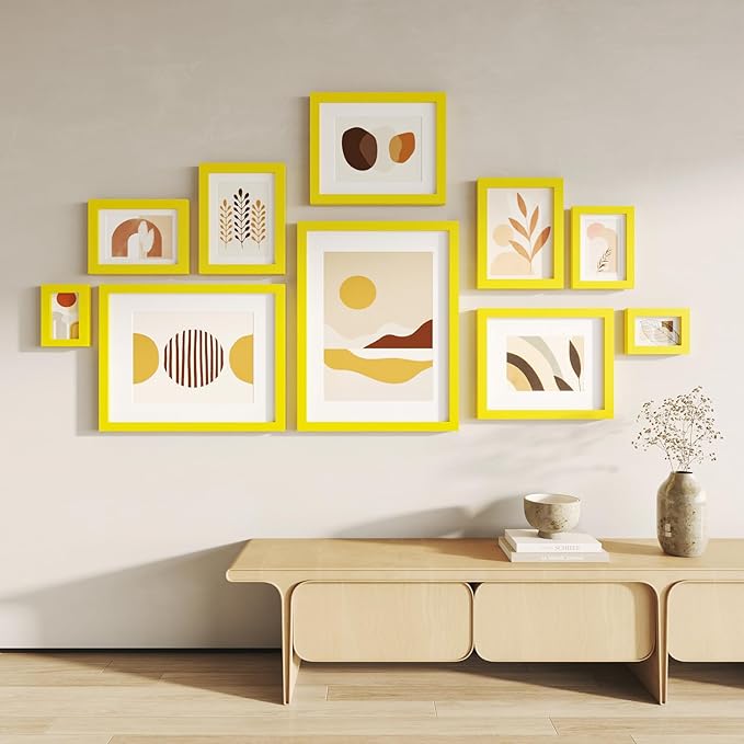 KINLINK 12x16 Picture Frame Yellow, Solid Wood Frames with Acrylic Plexiglass for Pictures 11x14/9x12 with Mat or 12x16 without Mat,Wall Display Photo Frame, Set of 4