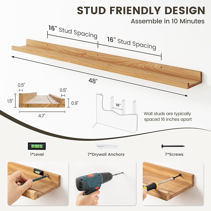 Picture Ledge Shelf, 48 Inch Long Floating Shelves for Wall, Nursery Bookshelf for Storage with Lip, Rustic Elm Wood Photo Ledge Shelves for Bedroom, Living Room, Kitchen (Natural, 48in Set of 2)