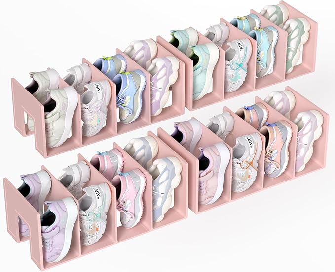 Kids Shoe Rack - 4 Pack Shoe Organizer for Toddlers & Children, Space-Saving Nursery Shoe Storage Shelf, Small Baby Shoes Display Rack for Closet/Entryway, for Desk File Book Organizer(Pink)