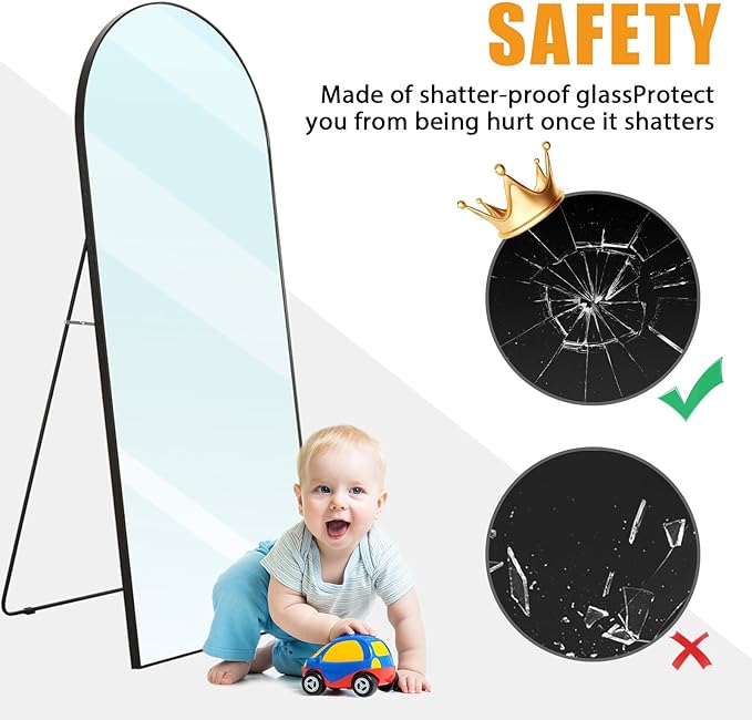 Arched Full Body Mirror, 55''x 18'' With Black Aluminum Alloy Frame, Floor Not Fragile Tempered Glass Leaning Against Wall for Living Room, Women Dressing Clothes