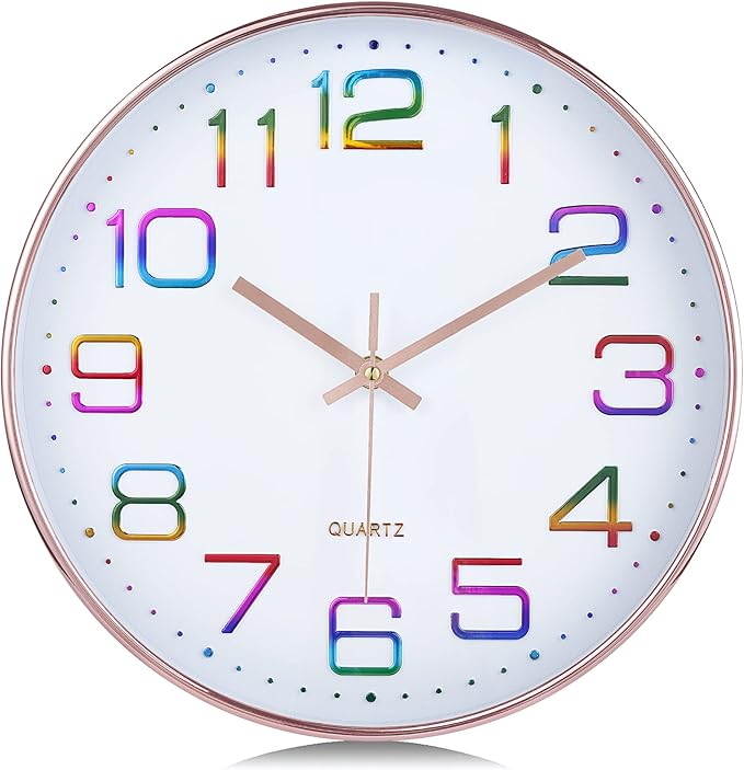 Lafocuse 12 Inch Colorful Wall Clock Battery Operated for Kitchen Living Room, Silent Rose Gold Analog Clock for Girls Bedroom Home Décor