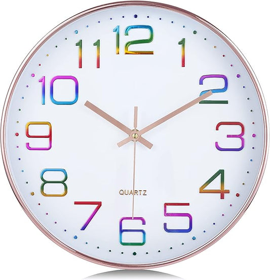 Lafocuse 12 Inch Colorful Wall Clock Battery Operated for Kitchen Living Room, Silent Rose Gold Analog Clock for Girls Bedroom Home Décor