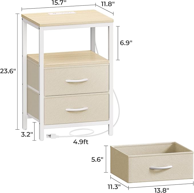 Huuger Nightstand with Charging Station, Side Table with Fabric Drawers, End Table with Open Shelf, Bedside Table with USB Ports and Outlets, Night Stand for Bedroom, White Marple