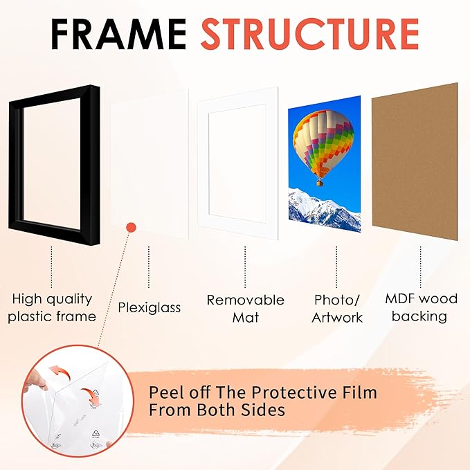 FIXSMITH 11x14 Picture Frame Set of 6, Black Photo Frames Bulk with HD Plexiglass, Display Pictures 8x10 with Mat or 11x14 Without Mat, Multi Picture Frames Collage for Wall Decor