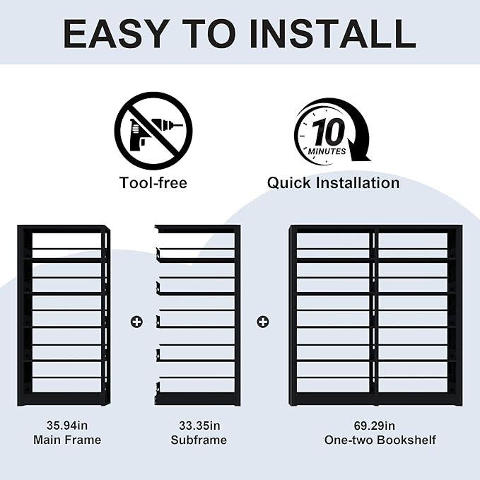 69" Bookshelf,5-Tier Bookshelf, Large Bookcases and Bookshelves,Taller and Wider Metal Storage Organizer, Sturdy Bookshelf for Living Room,Home Library (Black)