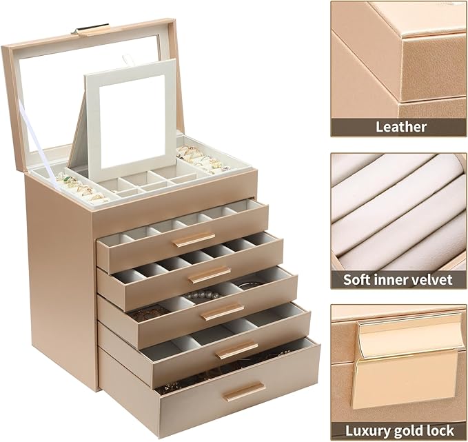 BOOVO Jewelry Boxes for Women, White and Black 6 Layer Large Jewelry Box for Necklace, Bracelet, Earrings, Rings Storage, Jewelry holder Organizer for Girls Gift (Gold, 6 layer)