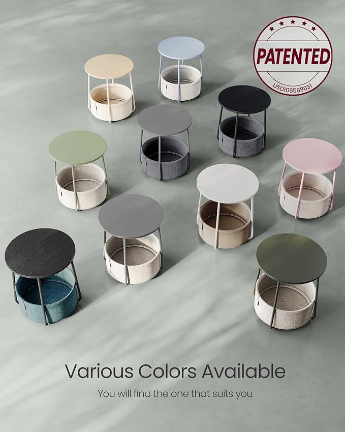 VASAGLE Small Round Side End Table, Modern Nightstand with Fabric Basket, Forest Green and Cream White ULET223C80