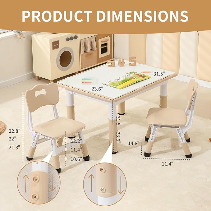 Toddler Table and 2 Chairs, Height-Adjustable Kids Table and Chairs Set, 31.5''L x 23.6''W Children Activity Table for Boys and Girls Aged 3-8