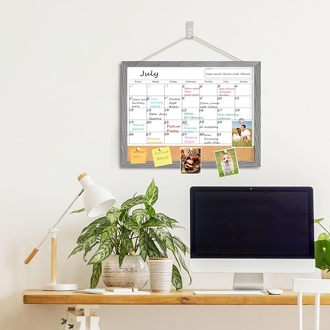 Calendar Whiteboard for Wall, 17x13 Inches Dry Erase Calendar Cork Board Combo, Magnetic Monthly White Board with Wood Framed, Hanging Dry Erase Board for Home Kitchen Office Planner Memo