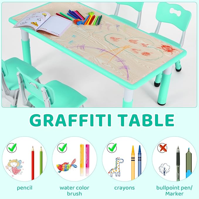 Arlopu Kids Table and 4 Chair Set, Height Adjustable Toddler Table and Chair Set, Non-Slip Legs, Graffiti Desktop, Large Children Activity Table, Reading Daycare Classroom Home (Light Green)