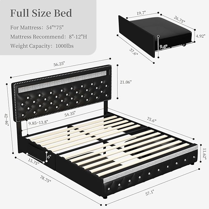 Full Led Bed Frame with 2 Drawers, Heavy Duty Sturdy Metal Platform Bed Frames Full Size with Adjustable Height Crystal Button Tufted Headboard, Easy Assembly, No Box Spring Needed, PU Black