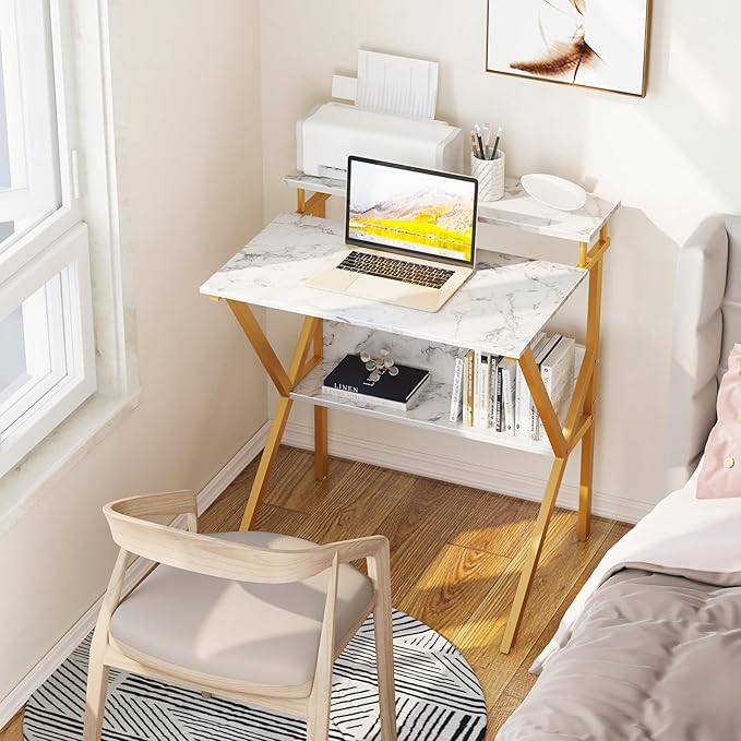 ODK Small Desk, 27.5 Inch Computer Desk for Small Spaces, Compact Desk with Storage, Tiny Study Table with Monitor Stand for Home Office, White Marble + Gold Leg