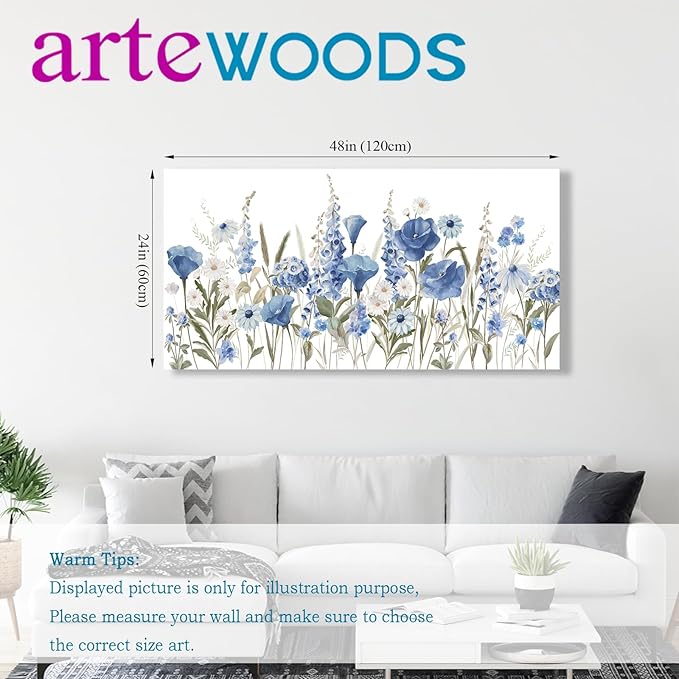 arteWOODS Elegant Flowers Wall Art - Blue White Botanical Pictures for Wall Decor Floral Blossom Canvas Painting Print Artwork for Living Room Bedroom Home Office Wall Decoration 24" x 48"